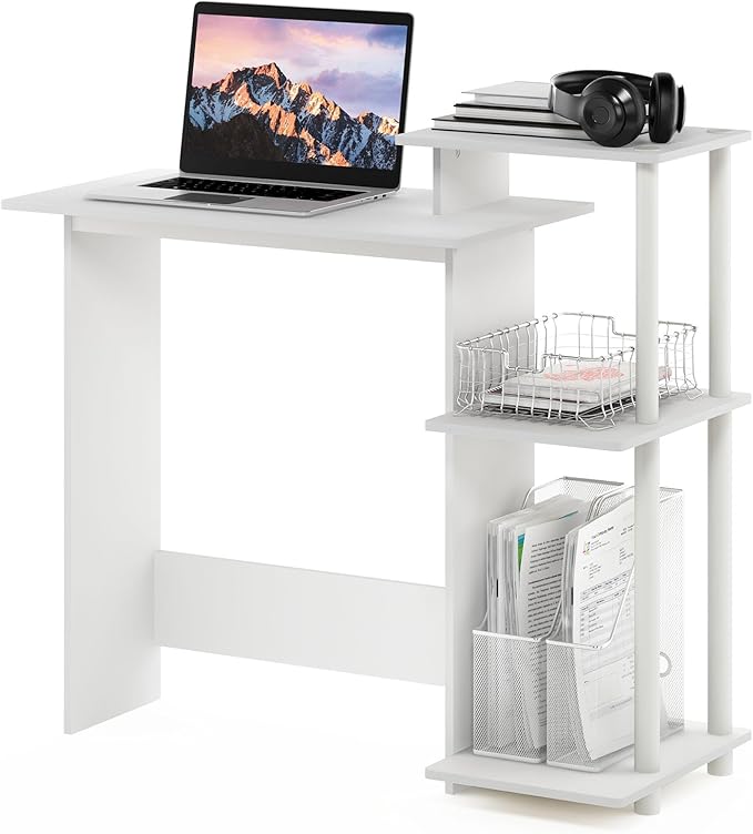 Furinno Efficient Computer Desk, Square Side Shelf, White/White - LeafyLoom