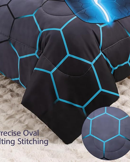 8Pcs Game Console Comforter Set with Sheets for Boys Girls Kids Teens, Geometric Gaming Themed Bed in A Bag Twin Size, Blue 3D Video Gamer Controller Bedroom Decor Bedding Set-Blue - LeafyLoom