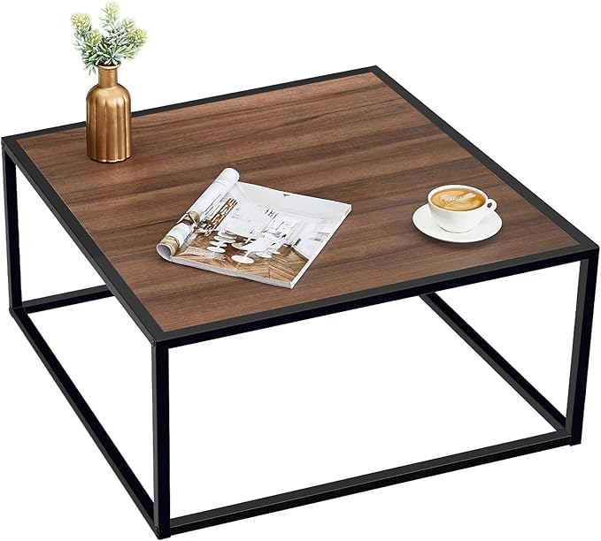 SAYGOER Farmhouse Coffee Table Rustic Wood Coffee Tables Mid Century Modern Coffe Tables for Small Spaces Simple Square Low Center Table for Living Room Home Office Boho Style, Walnut - LeafyLoom