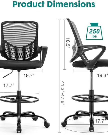 OLIXIS Drafting Tall Standing Desk Counter Height Office Chairs with Adjustable Foot Ring, Charcoal Black - LeafyLoom