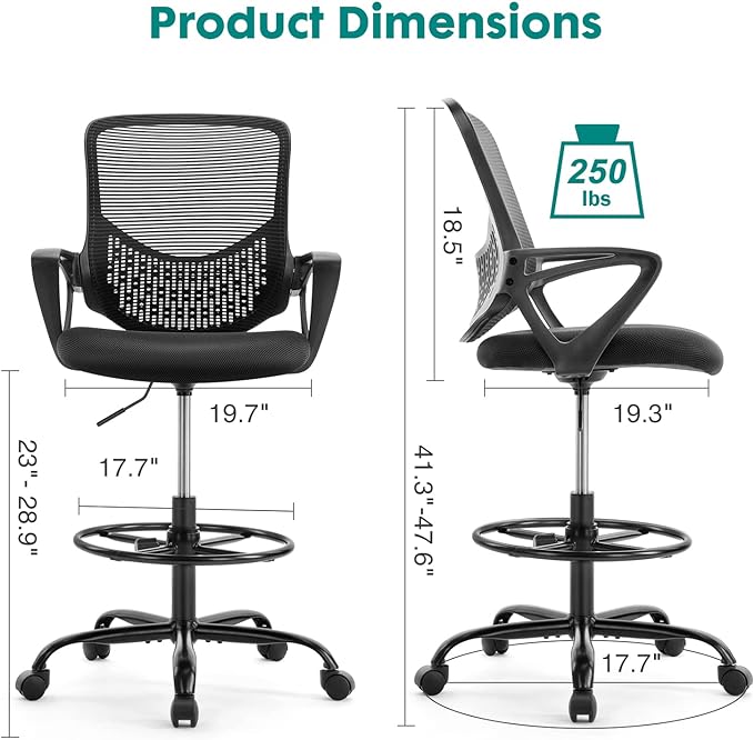 OLIXIS Drafting Tall Standing Desk Counter Height Office Chairs with Adjustable Foot Ring, Charcoal Black - LeafyLoom