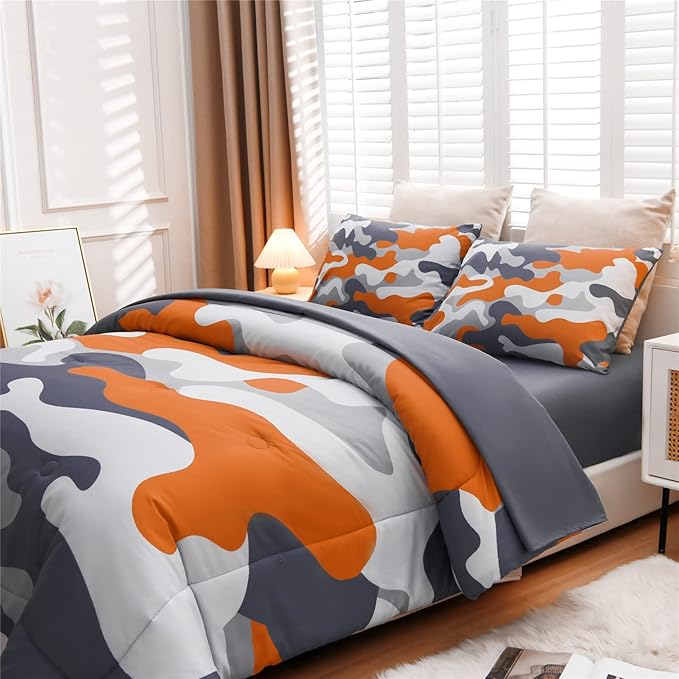 Meeting Story Kids Camo Bedding Set, Army Camouflage Bedding Twin Comforter Set for Boys Girls Teens Bedroom Decoration (Orange, Twin 5Pcs) - LeafyLoom