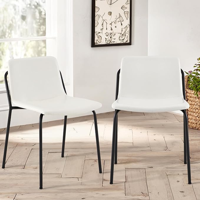 COLAMY Leather Dining Chairs Set of 2, Kitchen Dining Chairs with Back with Metal Legs for Kitchen Dining Living Room Restaurant Shop, White - LeafyLoom