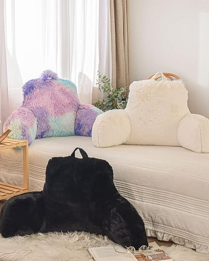 Aimuan Reading Pillow Bed Rest Pillow with Arms Rabbit Fur Cushion for Adults Teens Incline Rest Sitting up & Sleeping Snoring Pillow with Pregnancy Lumbar Back Support (Standard, Black) - LeafyLoom