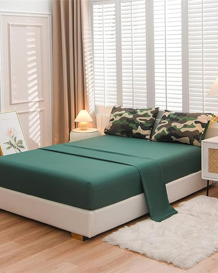 Meeting Story Camouflage Bedding Set, Colorful Pattern Style Comforter Set, 5 PCS One Comforter Two Pillowcases Two Sheets in One Bag, All Season Bedspread for Teens Adults (Green, Queen 5Pcs) - LeafyLoom