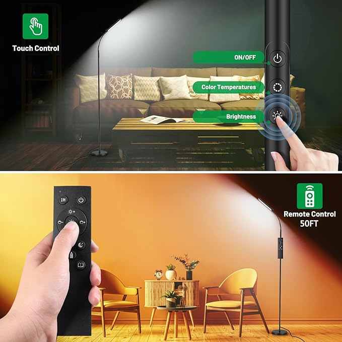 LED Floor Lamp, 18W Bright Floor Lamps Living Room with Remote & Touch Control, Stepless Adjustable Color Temperatures & Brightness Standing Lamp, Timer, Eye Caring Reading Lights for Bedroom, Office - LeafyLoom