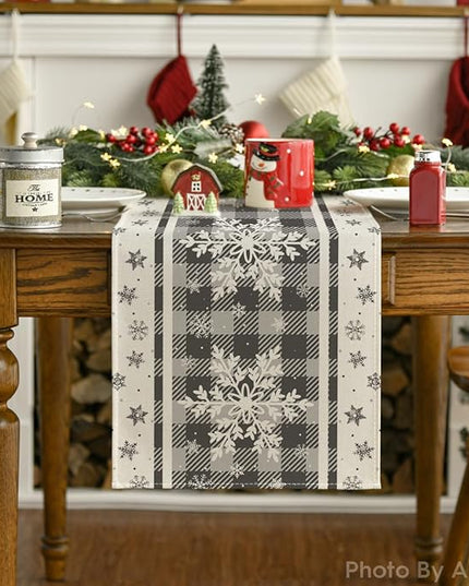 Artoid Mode Grey Buffalo Plaid Snowflakes Christmas Table Runner, Seasonal Winter Kitchen Dining Table Decoration for Home Party Decor 13x72 Inch ArtoidMode