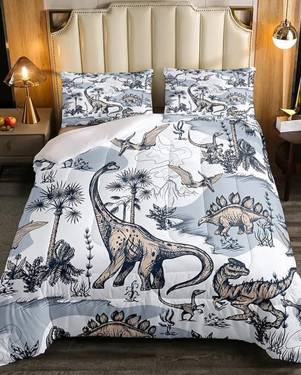 Erosebridal Kids Dinosaur Comforter Set, Dino Palm Tree Bedding Set Full Size for Boys Teens Adult Bedroom, Ancient Animal Duvet Sets Mountain Tropical Botanical Quilted Duvet with 2 Pillow Cases - LeafyLoom