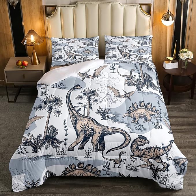 Erosebridal Kids Dinosaur Comforter Set, Dino Palm Tree Bedding Set Full Size for Boys Teens Adult Bedroom, Ancient Animal Duvet Sets Mountain Tropical Botanical Quilted Duvet with 2 Pillow Cases - LeafyLoom