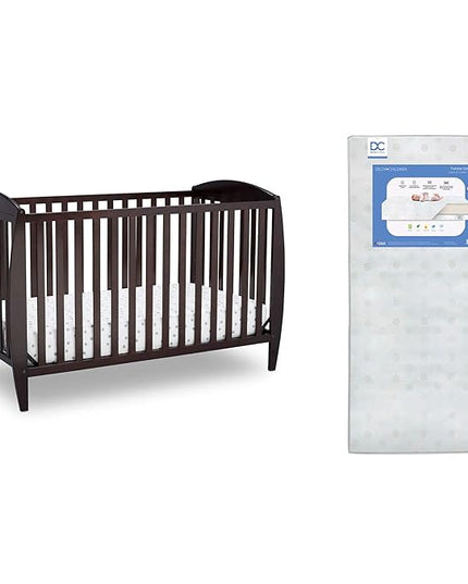 Delta Children Twinkle 4-in-1 Convertible Baby Crib, Sustainable New Zealand Wood, Dark Chocolate and Delta Children Twinkle Galaxy Dual Sided Recycled Fiber Core Crib and Toddler Mattress (Bundle) - LeafyLoom