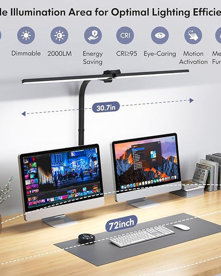 LED Desk Lamp for Home Office, Dual Head Architect Lamp with Clamp, Desk Light for Dual Computer Monitor, 24W 2000LM Dimmable, 2700K/4500K/6500K Adjustable, Gooseneck Desk Lighting for Workbench Study - LeafyLoom