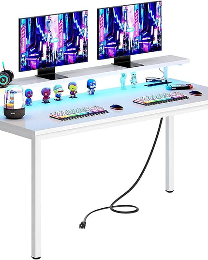 Need 60 inch Computer Desk with LED Lights & Power Outlets, Large Home Desk with Monitor Shelf, Writing Table Gaming Desk Home Office Desk, White - LeafyLoom