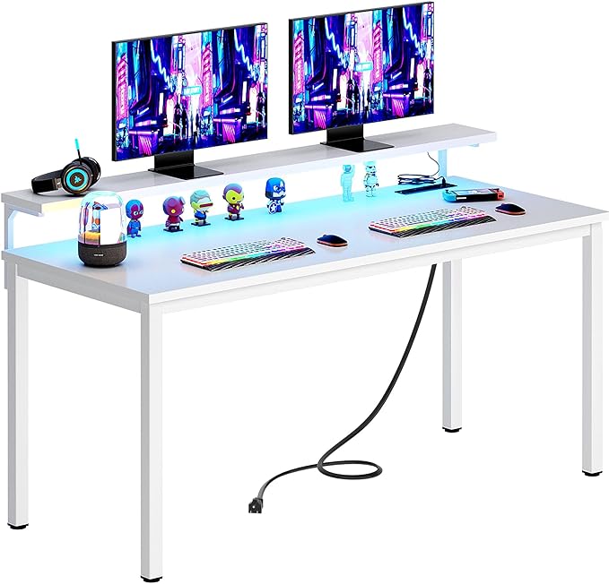 Need 60 inch Computer Desk with LED Lights & Power Outlets, Large Home Desk with Monitor Shelf, Writing Table Gaming Desk Home Office Desk, White - LeafyLoom