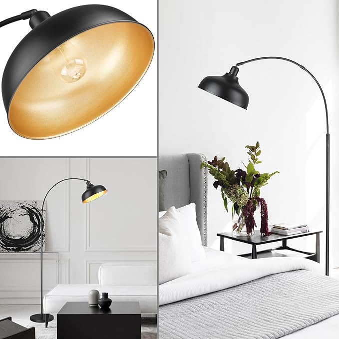 Arc Floor Lamps for Living Room, Modern Farmhouse Floor Lamp with Remote Control, Floor Lamp with 360° Adjustable Hanging Dome Shade, Dimmable Tall Lamp with 9W LED Bulb (Black, 1 PACK) - LeafyLoom