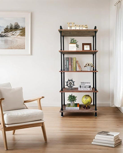 Industrial Bookshelves, Wood Pipe Bookshelf, 5 Shelf Rustic Display Storage Tall Standing Shelf Bookcase for Living Room, Kitchen, Office (Weathered Brown, 29.5" L x 11.8" W x 70" H) - LeafyLoom