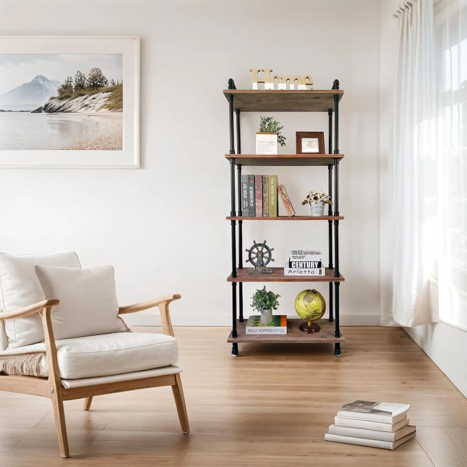 Industrial Bookshelves, Wood Pipe Bookshelf, 5 Shelf Rustic Display Storage Tall Standing Shelf Bookcase for Living Room, Kitchen, Office (Weathered Brown, 29.5" L x 11.8" W x 70" H) - LeafyLoom