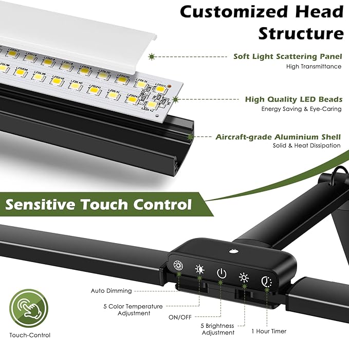 VSATEN LED Desk Lamp for Home Office, 24W Bright Architect Desk Lamp, 5 Modes Double Head Flexible Gooseneck Eye Caring Reading Study Light with Light Sensor Function for Workbench Study Reading - LeafyLoom