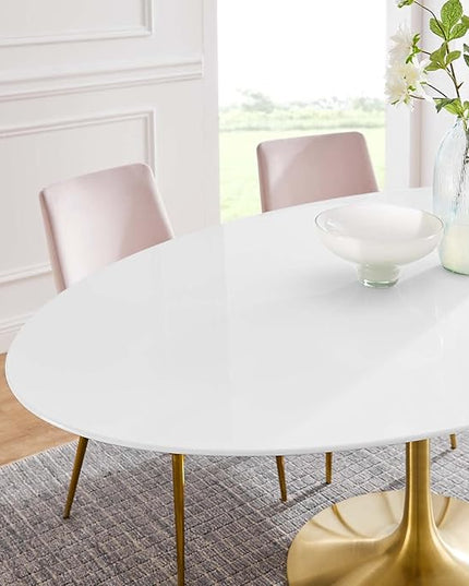 Modway Lippa 78" Oval-Shaped Mid-Century Modern Dining Table with White Wood Top and Gold Base - LeafyLoom