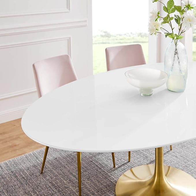 Modway Lippa 78" Oval-Shaped Mid-Century Modern Dining Table with White Wood Top and Gold Base - LeafyLoom