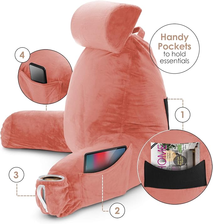 Clara Clark Reading Pillow, Large Back Pillow for Sitting Up in Bed, Memory Foam Back Support Pillow, Reading Pillows for Sitting in Bed Adult, Misty Rose Sit Up Pillow for Bed with Arms and Pockets - LeafyLoom