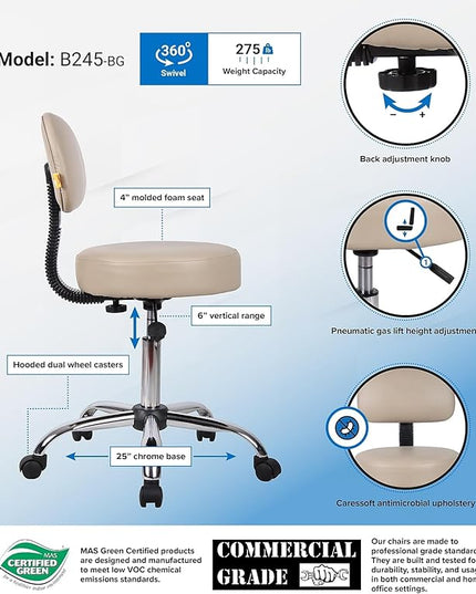 Boss Office Products Be Well Medical Spa Stool with Back in Beige - LeafyLoom