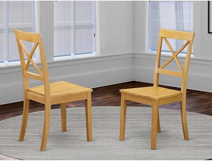 East West Furniture Boston Kitchen Dining Cross Back Wooden Seat Chairs, Set of 2, Oak - LeafyLoom