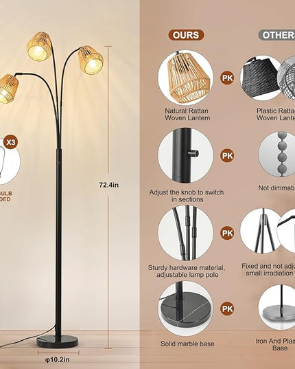 Boho Floor Lamp for Living Room, 72 Inch Tall Rattan Floor Lamp with Rotary Switch, 3-Lights Arched Floor Lamp with Rattan Shade for Coastal,Bohemian,Rustic ,Farmhouse Tree Standing Lamp for Bedroom - LeafyLoom
