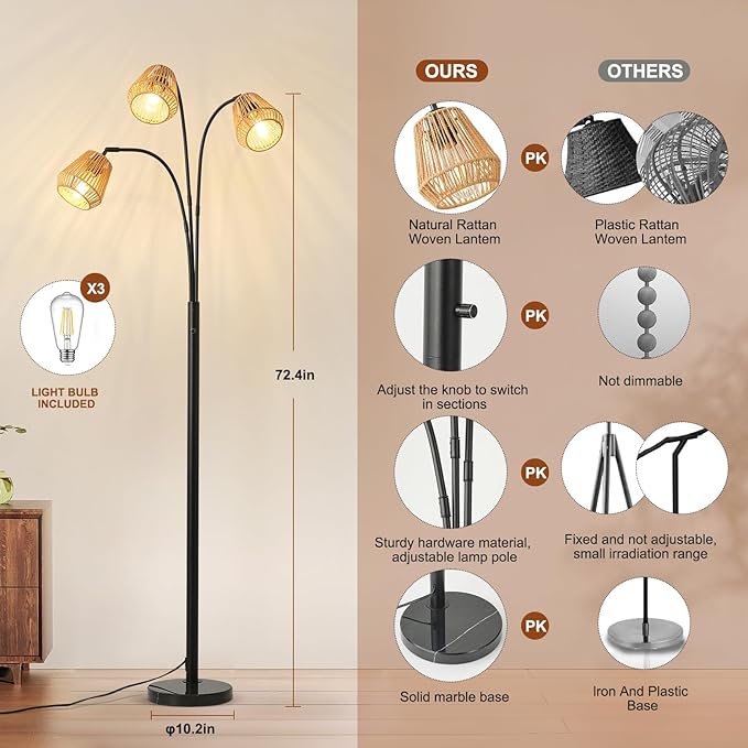 Boho Floor Lamp for Living Room, 72 Inch Tall Rattan Floor Lamp with Rotary Switch, 3-Lights Arched Floor Lamp with Rattan Shade for Coastal,Bohemian,Rustic ,Farmhouse Tree Standing Lamp for Bedroom - LeafyLoom