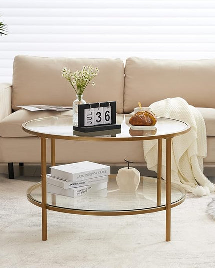 VINGLI Glass Coffee Table,30" Round Coffee Table Gold Coffee Tables for Living Room,2-Tier Glass Top Coffee Table with Storage Clear Coffee Table,Simple & Modern Center Table Mesa de Centro Para Sala - LeafyLoom