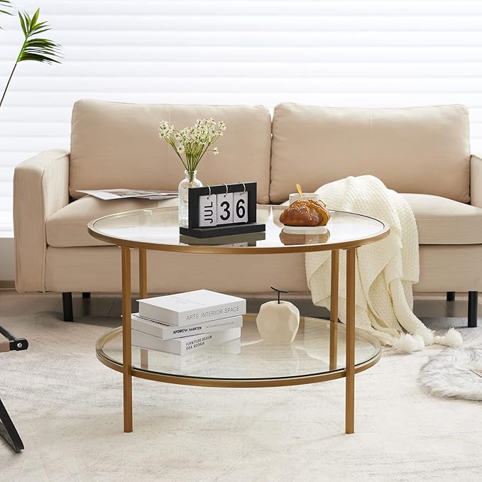 VINGLI Glass Coffee Table,30" Round Coffee Table Gold Coffee Tables for Living Room,2-Tier Glass Top Coffee Table with Storage Clear Coffee Table,Simple & Modern Center Table Mesa de Centro Para Sala - LeafyLoom