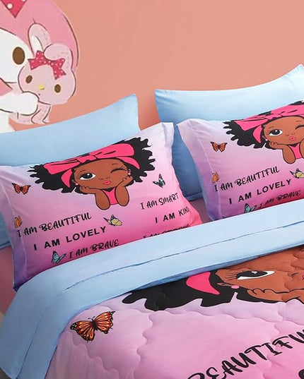 7 Piece Black Girls Magic Comforter Sets Queen Size African American Girl Bedding Set Bed in A Bag for Girls Kids Teens Inspirational Quotes Pink Blue Quilts Room Decor - LeafyLoom