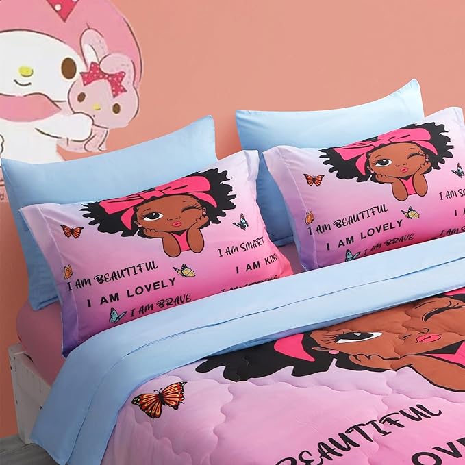 7 Piece Black Girls Magic Comforter Sets Queen Size African American Girl Bedding Set Bed in A Bag for Girls Kids Teens Inspirational Quotes Pink Blue Quilts Room Decor - LeafyLoom