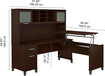 Bush Furniture Somerset 72W 3 Position Sit to Stand L Shaped Desk with Hutch in Mocha Cherry - LeafyLoom