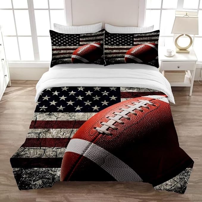 American Football Comforter Set for Boys Teens,Kids Sports Bedding Set Full Size,USA Flag Football Printed Bedroom Sets with 2 Matching Pillow Shams - LeafyLoom