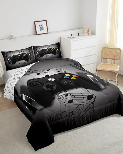 Gamer Comforter Set Twin Size,Black Grey Headphones Musical Design Games Gamepad Bedding Set for Kids Boys Video Game Room Decor Retro Playing Gamer Down Comforter Gaming Controller Quilted Duvet Set - LeafyLoom