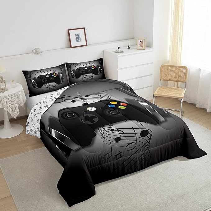 Gamer Comforter Set Twin Size,Black Grey Headphones Musical Design Games Gamepad Bedding Set for Kids Boys Video Game Room Decor Retro Playing Gamer Down Comforter Gaming Controller Quilted Duvet Set - LeafyLoom