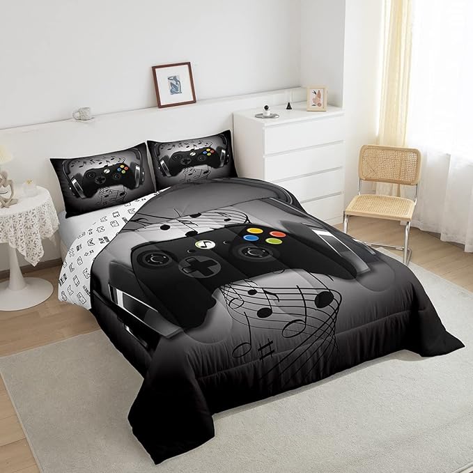 Gamer Comforter Set Full Size,Black Grey Headphones Musical Design Games Gamepad Bedding Set for Kids Boys Video Game Room Decor Retro Playing Gamer Down Comforter Gaming Controller Quilted Duvet Set - LeafyLoom