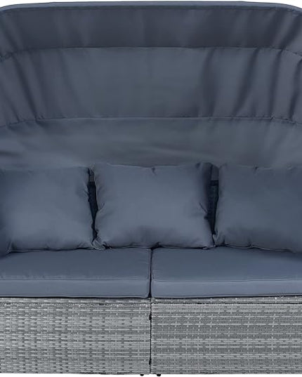 Rectangle Furniture Daybed Sunbed with Retractable Canopy, Outdoor Wicker Conversation Set with Cushions for Patio, Backyard, Porch, Garden, Hc-Gray - LeafyLoom