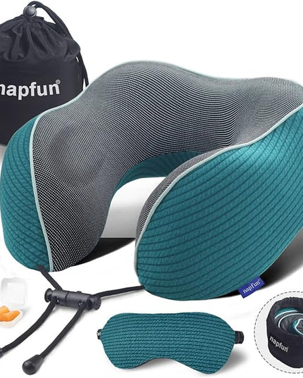 napfun Neck Pillow for Traveling, Upgraded Travel Neck Pillow for Airplane 100% Pure Memory Foam Travel Pillow for Flight Headrest Sleep, Portable Plane Accessories, Teal Set, Medium (120-200LB) - LeafyLoom