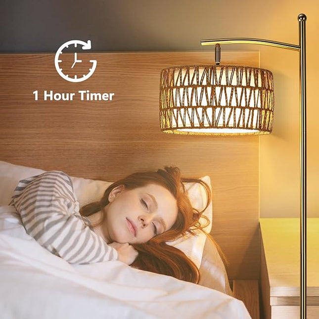 Rattan Floor Lamps for Living Room, Gold Arc Floor Lamp Dimmable with Rattan& Linen Double Shades, Boho Standing Lamp with Remote Control, Tall Lamp for Bedroom, Office - LeafyLoom