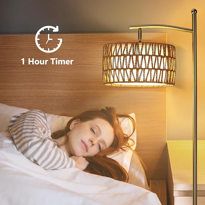Rattan Floor Lamps for Living Room, Gold Arc Floor Lamp Dimmable with Rattan& Linen Double Shades, Boho Standing Lamp with Remote Control, Tall Lamp for Bedroom, Office - LeafyLoom