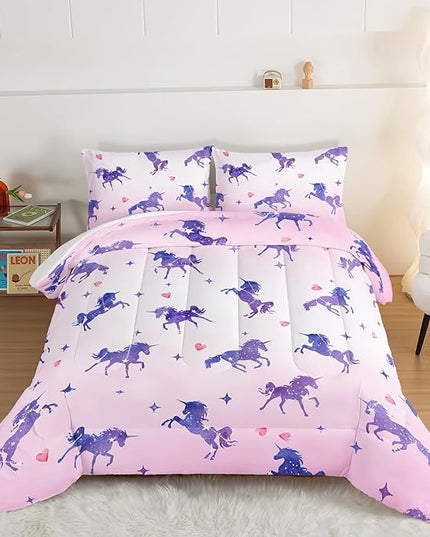 HOSIMA Kawaii Unicorn Comforter,Purple Unicorn with Stars and Love Heart Princess Toddler Bedding Set-Soft Microfiber Queen Comforter Set,Fairycore Room Decor Pink Comforter with 2 Pillowcases. - LeafyLoom