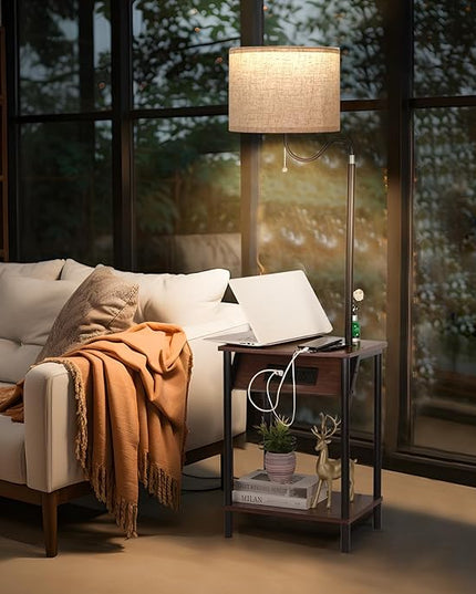 FIMEI Floor Lamp with Table, End Table with Charging Station USB Ports & Outlets, Bedside Table 3 Color Temperature Reading Light, Nightstand with Shelves for Living Room Bedroom Apartment, Red Brown - LeafyLoom
