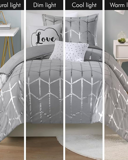 Intelligent Design Raina Twin / Twin XL Comforter Set, Soft Microfiber Comforter Set Twin, Modern Geometric Metallic Bed Set, 4 Pieces College Bedding Comforter Set with 1 Sham, 2 Toss Pillows Grey - LeafyLoom