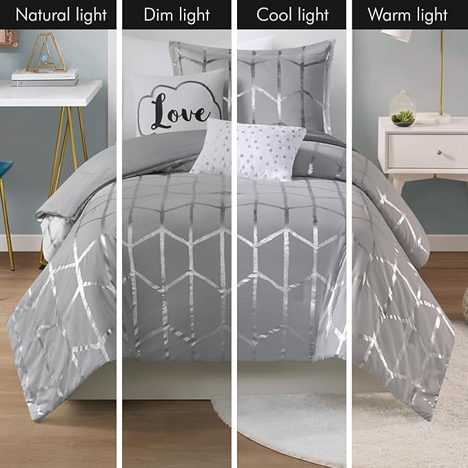 Intelligent Design Raina Twin / Twin XL Comforter Set, Soft Microfiber Comforter Set Twin, Modern Geometric Metallic Bed Set, 4 Pieces College Bedding Comforter Set with 1 Sham, 2 Toss Pillows Grey - LeafyLoom