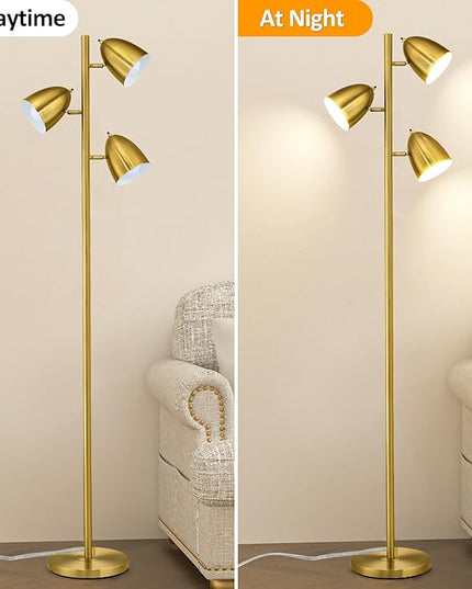 Tree Floor Lamp with 3 Light Bulbs Standing Tall Pole Lamps with Adjustable Metal Heads 65"Reading Stand up Lamps with E26 Base Modern Floor Lamps for Living Rooms, Bedrooms, Home, Office(Gold) - LeafyLoom