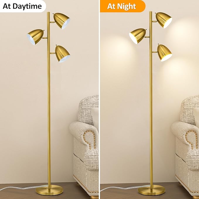 Tree Floor Lamp with 3 Light Bulbs Standing Tall Pole Lamps with Adjustable Metal Heads 65"Reading Stand up Lamps with E26 Base Modern Floor Lamps for Living Rooms, Bedrooms, Home, Office(Gold) - LeafyLoom