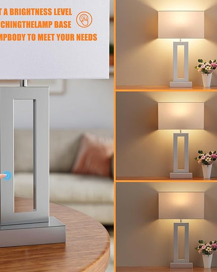 Nightstand Table Lamps for Bedrooms Set of 2 - Touch Bedside Lamp with USB C+A, 3 Way Dimmable Living Room Lamps for End Tables Set of 2, Modern Night Stand Lamps for Bed Side(White&Silver) - LeafyLoom
