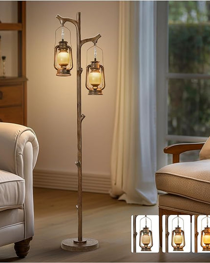 68" Rustic Farmhouse Tree Trunk Floor Lamp Country Brown Finish Wood Vintage Standing Tall Lamp with lantern Stepless Dimmable Industrial floor Lamp Decor for Bedroom Living Room Office Hotel - LeafyLoom