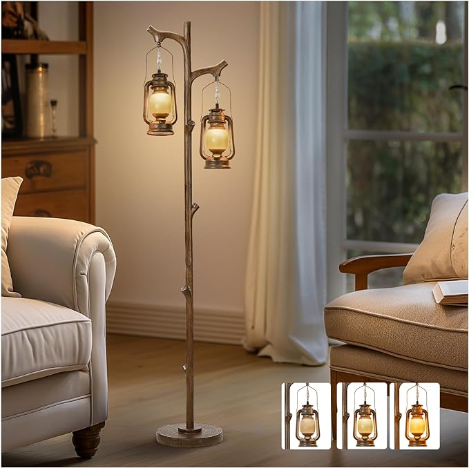68" Rustic Farmhouse Tree Trunk Floor Lamp Country Brown Finish Wood Vintage Standing Tall Lamp with lantern Stepless Dimmable Industrial floor Lamp Decor for Bedroom Living Room Office Hotel - LeafyLoom